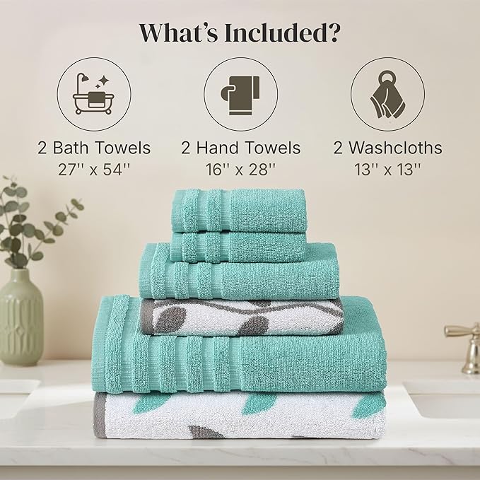 Modern Threads Natural Vine 6-Piece 100% Cotton Towel Set – Yarn Dyed Jacquard – Includes 2 Bath Towels, 2 Hand Towels, 2 Washcloths – Absorbent, Quick Dry, Soft & Durable – Aqua