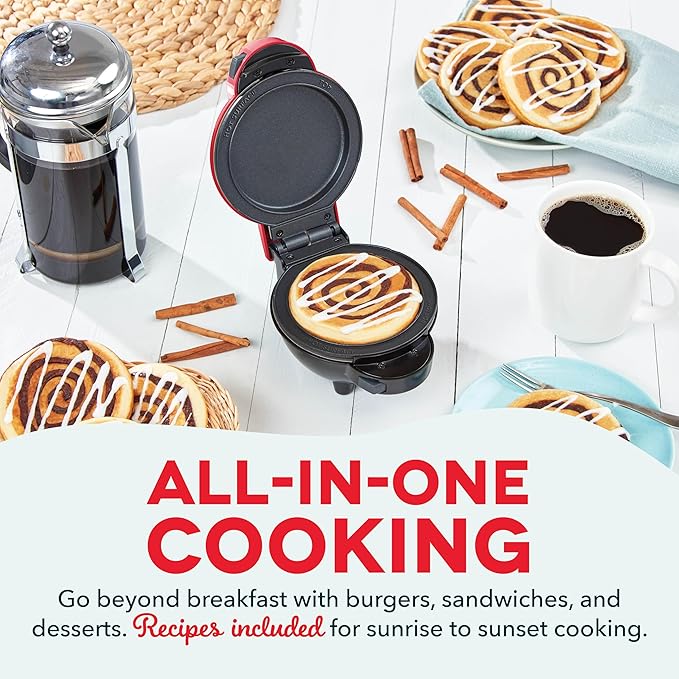 DASH Multimaker Mini System - Waffle Maker with Five 4” Removable Plates: Iron & Griddle, 3-in-1 Mini Waffle Maker for Kids and Families – Nonstick Surface, Just Add Batter (Red) (Pack of 4)