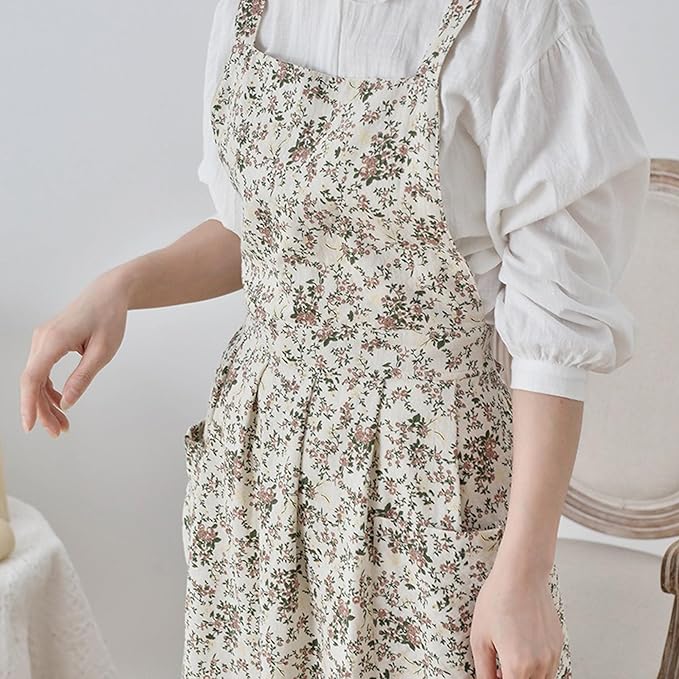 Adult Kitchen Apron Floral Cotton Waterproof Adjustable Apron Cooking Baking Garden Chef Apron with Pocket