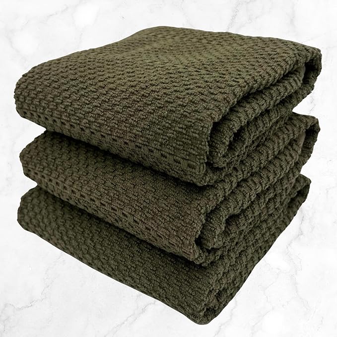 Serafina Home Olive Green Kitchen Hand Dish Towels: Oversized 28" x 18",100% Cotton Cloth Soft Cleaning Drying Absorbent Ribbed Design, Set of 3 Multipurpose for Everyday Use (Olive Textured)