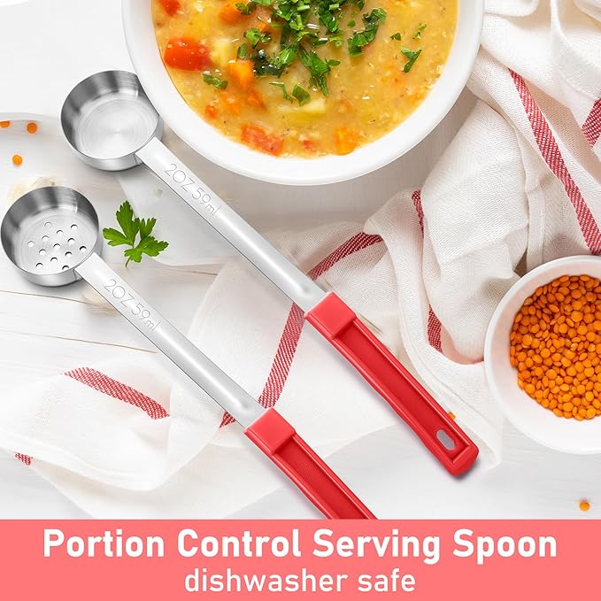 Teenyyou 8 Pcs Portion Control Serving Spoons Portion Scoops Cups Solid and Slotted Stainless Steel Ladle Spoon for Food, Serving Utensils Set for Parties(Red,2 oz)