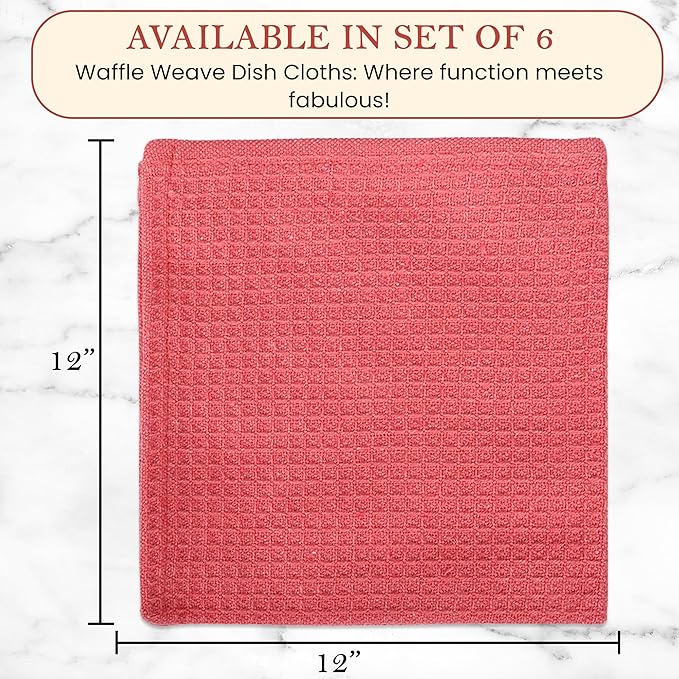 Vintage Vista 100% Cotton Waffle Dish Cloths (Pack of 6) - Dish Rags for Washing Dishes - Reusable & Highly Absorbent Kitchen Towels - Kitchen Rags fo Easter - (12" x 12" - Pink)