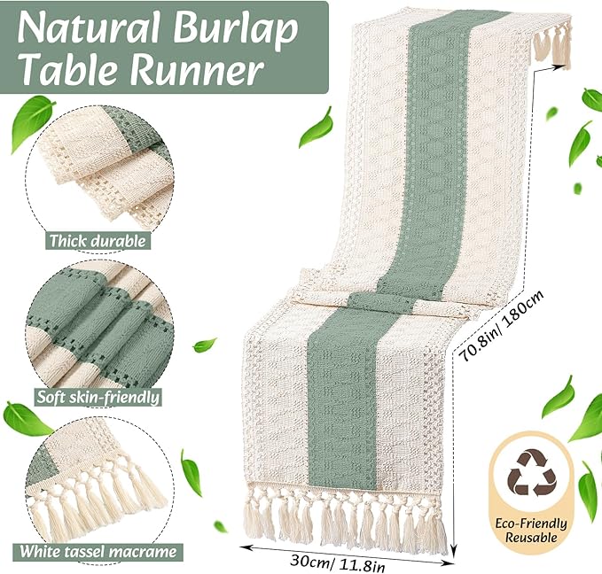 Boho Placemats 4/6/8 Set of Round Woven Placemat Macrame Style Bicolor Stitching Long Table Runner Farmhouse Rustic Natural Burlap Cotton for Kitchen Dining Table(4 Sets,Green,12x72)