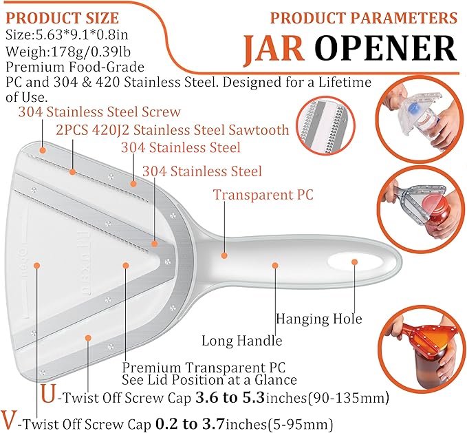 Uinxan Jar Opener for Weak Hand & Seniors with Arthritis,Easy Twist Off Bottle Caps,Patent | Unique Kitchen Gadgets,Handheld Lid Top Open for Elderly/Women/Men (Orange)
