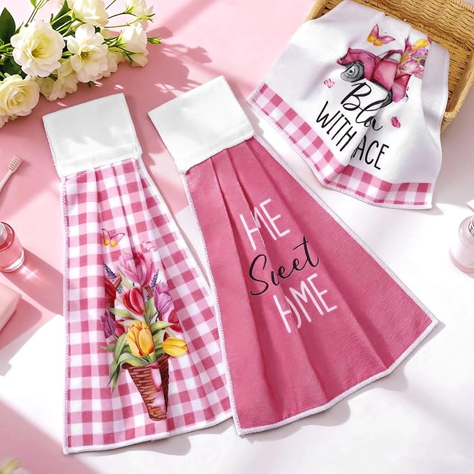 Tegeme 6 Pcs Hanging Kitchen Towels with Loop, Absorbent Hand Tie Towels Microfiber Decorative Fast Drying Kitchen Hanging Towel for Home Bathroom(Tulip)