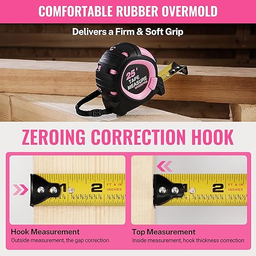 WORKPRO 25-FT Tape Measure with Fractions, 3 Brakes Retractable Measuring Tape, Compact Measurement Tape with Magnetic Hook, Nylon Coating Blade Accuracy 1/32”, Pink