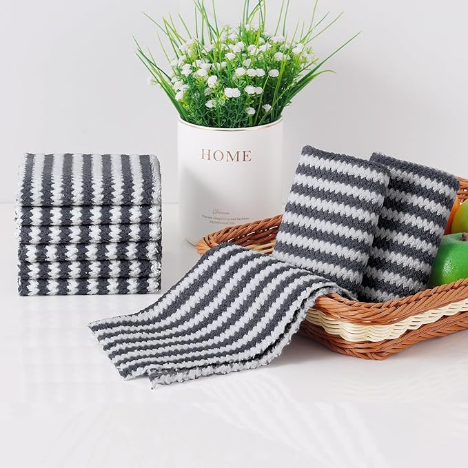 Homaxy 24 Pack Kitchen Dish Cloths, Ultra Soft and Absorbent Dish Towels, Reusable Fast Drying Microfiber Cleaning Cloth, Coral Velvet Wave Design No-lint, 10 x 10 inches, Dark Grey