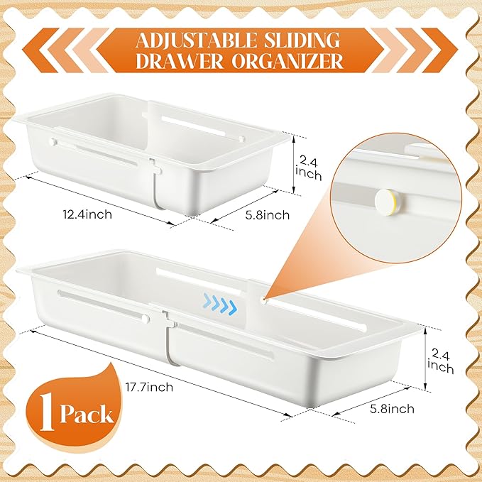 1 Pack Deep Drawer Organizer Bins, Sliding Drawer Organizer Bin Expandable and Adjustable Tray for Kitchen Utensils, Towels, BBQ Tools, Durable Plastic Sliding for Easy Storage (12.4-17.7")