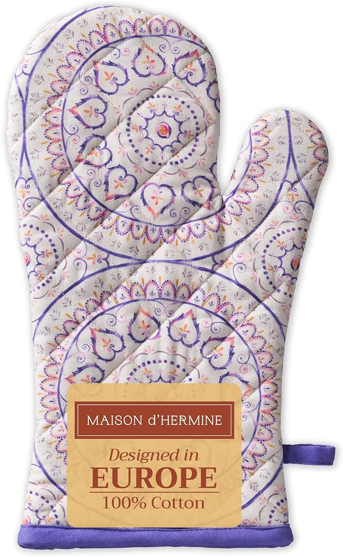 Maison d'Hermine Oven Gloves 100% Cotton Oven Mitt 7" x 13" with Loop Heat Resistant BBQ Cooking Gloves Baking Grilling Gifts for Mothers Day Spring/Summer (Pack of 1, Mandala)