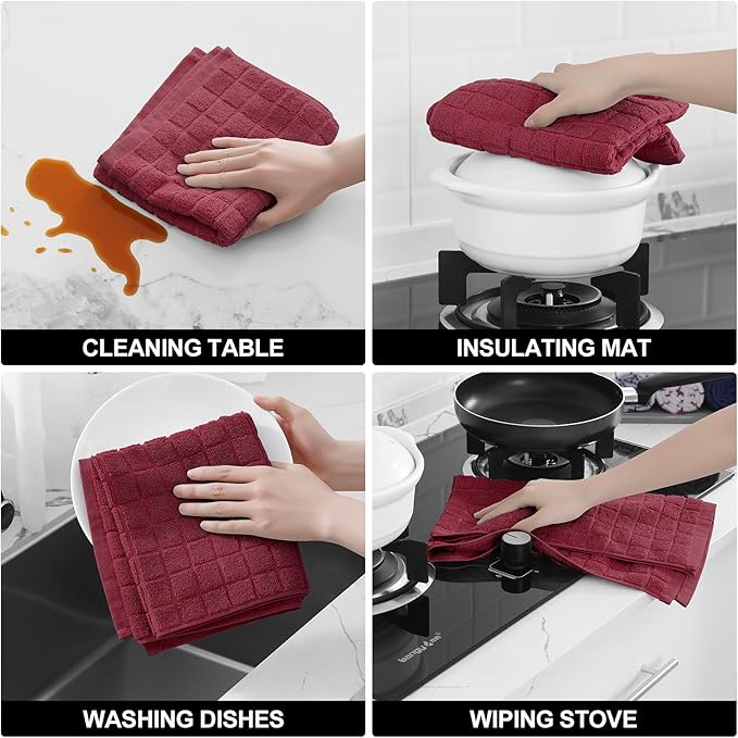 Homaxy Premium Cotton Kitchen Towels 16"x 28", Large Natural Ring Spun 390 GSM Dish Towels, Super Absorbent Terry Kitchen Hand Towels, Soft Tea Towels with Hanging Loop, Pure Red Design, 6 Pack