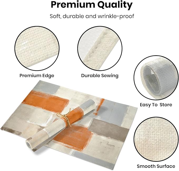 Modern Art Placemats Set of 4 Orange Abstract Painting Place Mats Washable Linen Beige Placemat for Kitchen Dining Table Home Party Banquet Decor 18x12 Inches