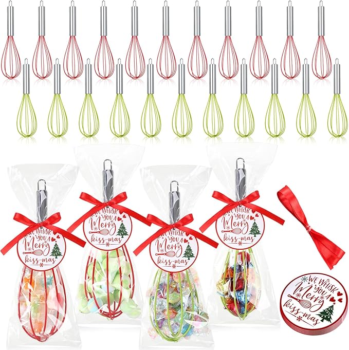 FoldTier 36 Sets 8 Inch Christmas Whisks Gifts DIY Fillable Christmas Tree Ornaments Xmas Colored Silicone Whisks for Cooking Heat Resistant Egg Beaters with Card Rope Bag for Candy Holder