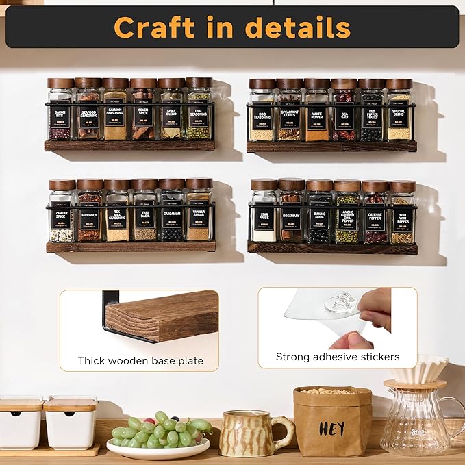 4-Tier Wall Mount Spice Rack Organizer- Screw/Adhesive Mount, Black Metal & Wood Spice Storage for Kitchen Pantry Cabinet, 11.6”L x 2.4”W x 3.2”H, Spice Jars Not Included