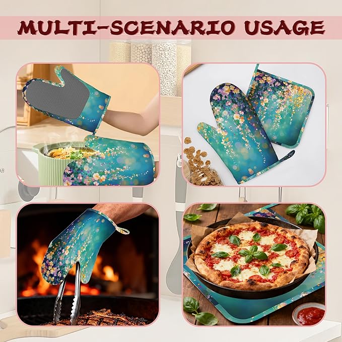 Watercolor Ivy Flower Spring Flower Oven Mitts and Pot Holders (4PCS),Heat Resistant Non-Slip Silicone Kitchen Gloves for Cooking, Baking, BBQ Waterproof Kitchen Accessories