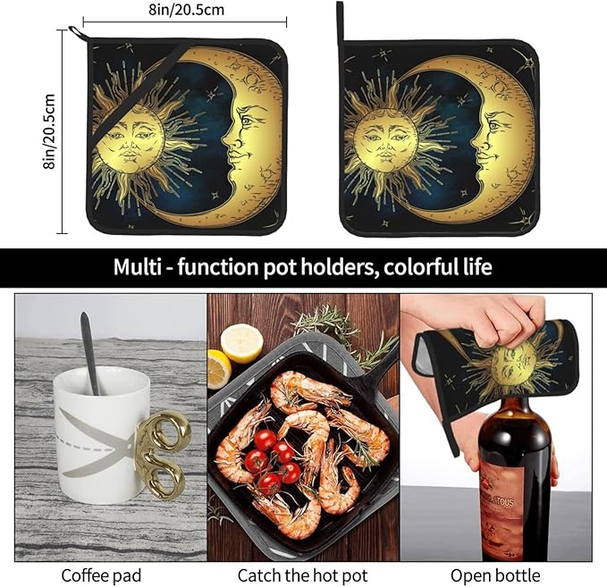 Pot Holder Heat Resistant Set of 2 Golden Sun Moon Stars,Potholders Oven Hot Pads for Kitchen Cooking Baking BBQ