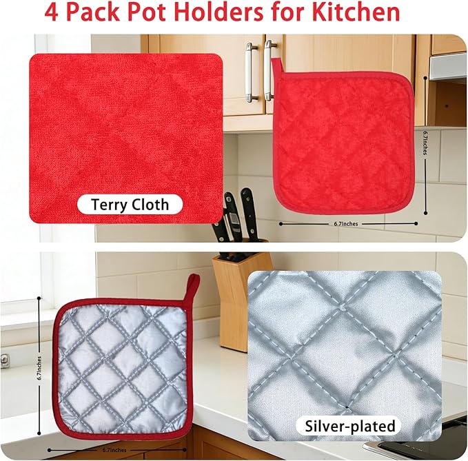 4 Pack Pot Holders for Kitchen Clearance Oven Potholders Sets for Kitchens Hot Pads for Kitchen Countertops Heat Resistant Red
