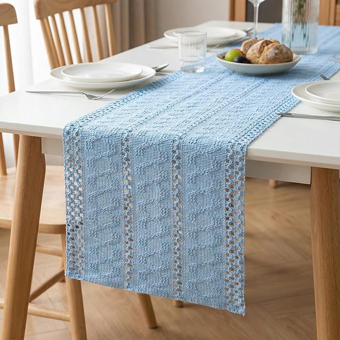 Artoid Mode Sky Blue Farmhouse Woven Rustic Hollow Table Runner, Seasonal Holiday Hollow Kitchen Dining Table Decoration for Home Party Decor 12x108 Inch