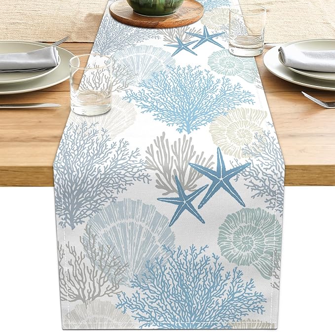 Coastal Table Runner 13x90 Inch Blue Summer Beach Nautical Table Runners Modern Kitchen Dining Table Decor Rustic Coffee Table Dresser for Home Holiday Party Decor (13"x90", Coastal)