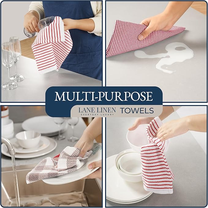 LANE LINEN Kitchen Towels Set - 6 Absorbent Hand Towels, 4 Dish Cloths, 4 Waffle Scrubbers, 2 Flour Sack Towels, 2 Potholders & 2 Oven Mitts - Red