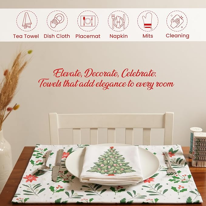 The Fine Living Co. 100% Cotton Kitchen Towels Set of 2, 18 x 28 inches, Christmas Tree Printed Dish Towels, Hand Towels, Boho Tea Towels - Multifunctional, Stylish, Absorbent, Quick Dry, Soft