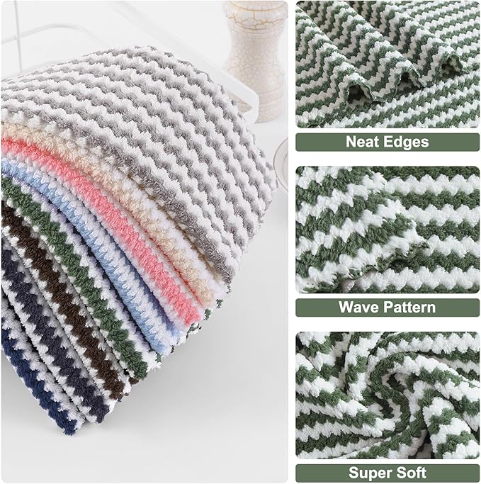 Homaxy 18 Pack Kitchen Dish Cloths, Ultra Soft and Absorbent Dish Towels, Reusable Fast Drying Microfiber Cleaning Cloth, Coral Velvet Wave Design No-lint,10 x 10 inches, Grass Green