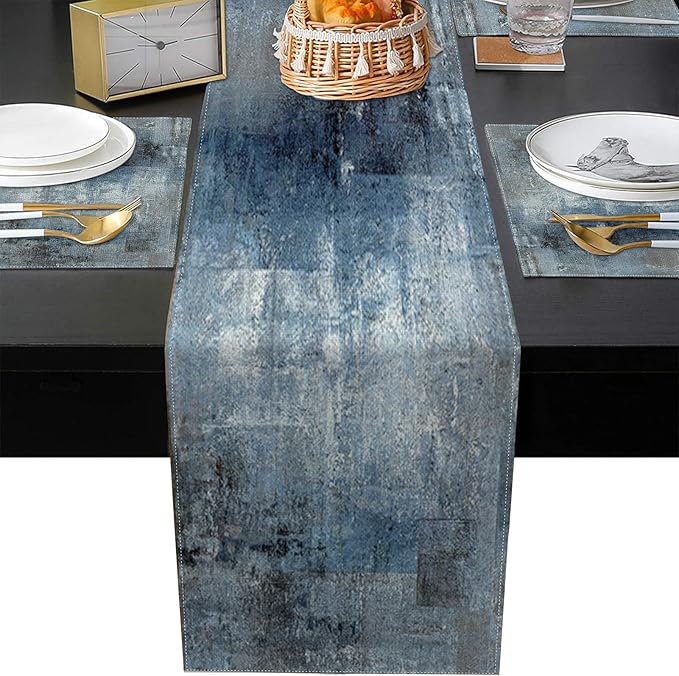 Emvency Vintage Blue Grey Table Runner and Placemats Set of 6, Modern Abstract Painting Art Dining Decor for Daily Use(1 Table Runner 72 inches Long and 6 Placemats)