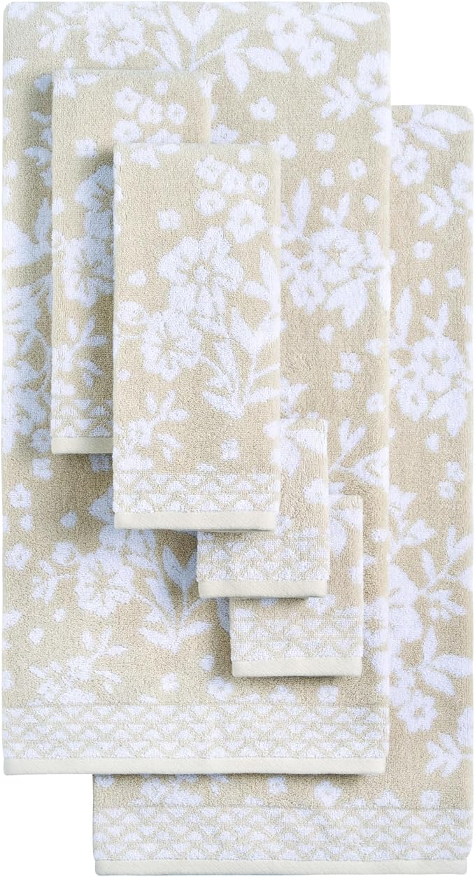 Lucky Brand Folk Floral 6 Piece Bath Towel Set - (2) Bath Towels, (2) Hand Towels, and (2) Washcloths - Beige Taupe Premium Bathroom Towel Set