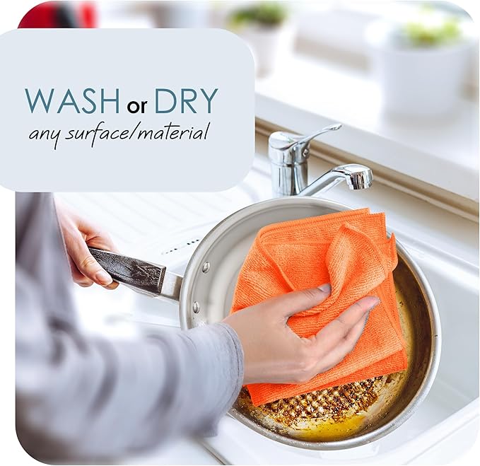 Hearth & Harbor Microfiber Cleaning Cloths - 144 Pack Washcloths, Orange Cleaning Rags, Reusable Towels, Lint Free