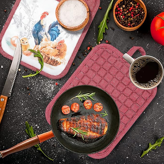 Pot Holders Set of 3 Silicone Printing Non Slip Heat Resistant, Yarm-Dyed Hot Pads Cotton Home Kitchen Cooking Barbecue Microwave Women Men Machine Washable BBQ Grilling. (Red Potholders)