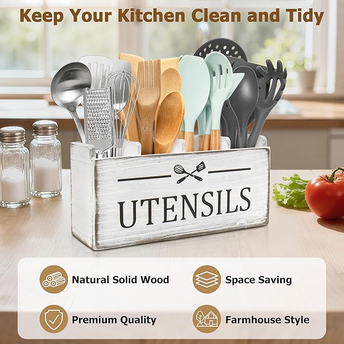 RedCall Extra Large Utensil Holder Organizer,4 Compartments Wooden Kitchen Tool Holder for Countertop,Rustic Farmhouse Utensil Organizer for Spatula Spoon Storage (Antique-4)