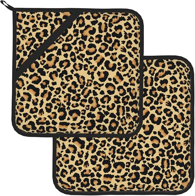 Pot Holders 2PCS Brown Leopard Print, Animal Skin Potholder for Kitchen Heat Resistant Microwave Cooking Baking Oven End Dishes and BBQ