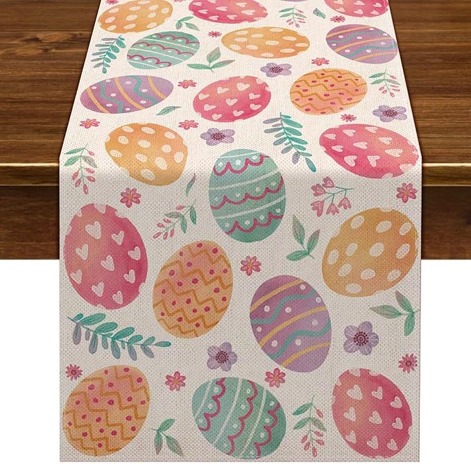 Nepnuser Linen Happy Easter Table Runner 90 inches Long Spring Easter Egg Decoration Farmhouse Home Dining Room Kitchen Table Decor