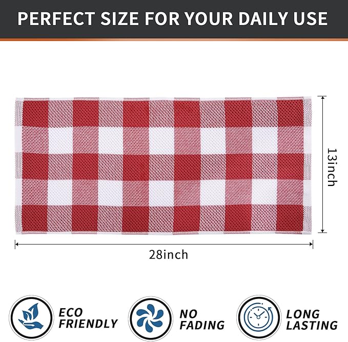 Mordimy 100% Cotton Waffle Weave Kitchen Towels, 13 x 28 Inches, Super Soft and Absorbent Buffalo Check Dish Towels for Drying Dishes, 4-Pack, Red & White