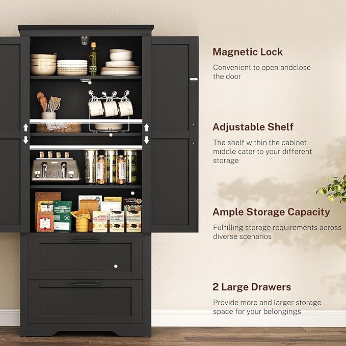 TEENFON 66.1" H Storage Cabinet, Farmhouse Kitchen Pantry Cabinet with 2 Drawers & Adjustable Shelf, Bathroom Cabinet, for Living Room, Kitchen, Bathroom, Black