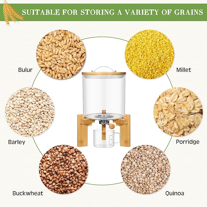 Zhehao 2 Pcs 5L Glass Rice Dispenser Rice Storage Container Flour Cereal Dispenser Container Holder with Wooden Stand Airtight Bamboo Lid and Measuring Cup for Pantry Sugar Coffee Beans Kitchen Food