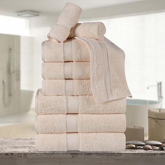 Superior Egyptian Cotton Pile 9 Piece Towel Set, Includes 3 Bath, 3 Hand, 3 Face Towels/Washcloths, Ultra Soft Luxury Towels, Thick Plush Essentials, Guest Bath, Spa, Hotel Bathroom, Cream