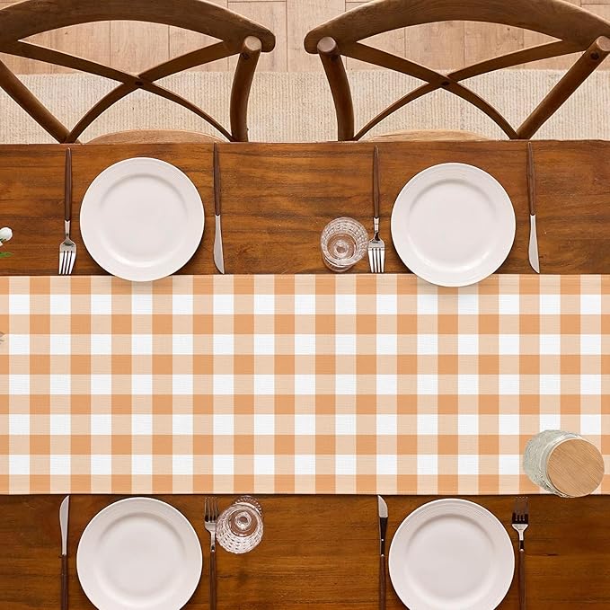Fall Orange and White Gingham Table Runner Autumn Thanksgiving Plaid Decoration BBQ Picnic Dining Room Home Kitchen Table Decor (Orange, 13" x 72")