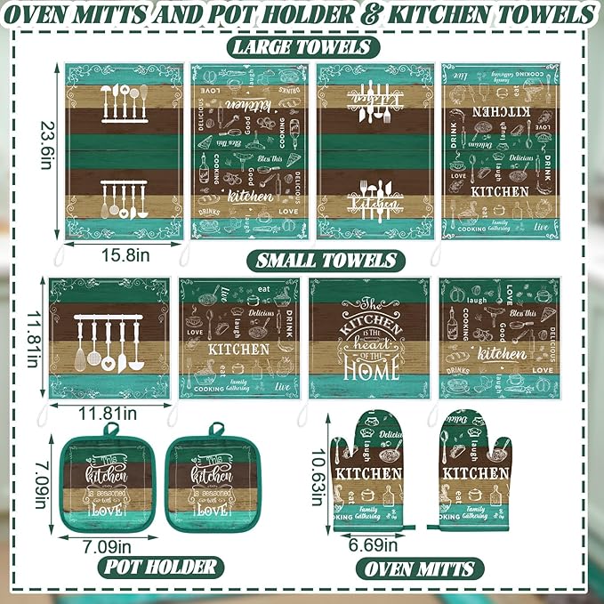 12 Pcs Farmhouse Kitchen Decor Sets 4 Teal Green Kitchen Towels 4 Teal Absorbent Dishcloths 2 Rustic Pot Holders 2 Oven Mitts Gloves for Home Decorations Mom Gifts