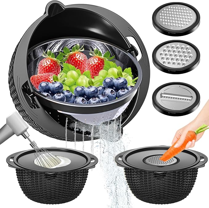 4-1 Colander with Bowl Set - Colander for Kitchen - Rotatable Strainers and Colanders(Patented) - Pasta Strainer - Bowl With Colander & New Upgraded Graters for Fruit Veggie, Kitchen Essentials, Black