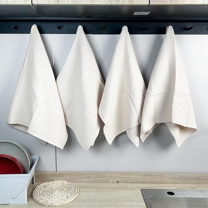 PY HOME & SPORTS Dish Towels Set - 4 Pieces 17 x 25 Inches Khaki 100% Cotton Waffle Weave Kitchen Towels, Absorbent Kitchen Hand Dish Cloths for Cleaning and Drying