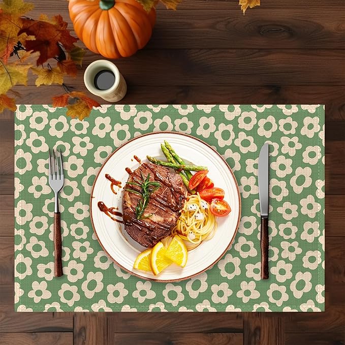 Spring Green Flower Placemats Set of 6,Washable Heat Resistant 12×18 Inch Linen Table Mats Groovy Place Mats for Party Outdoor Dining Décor