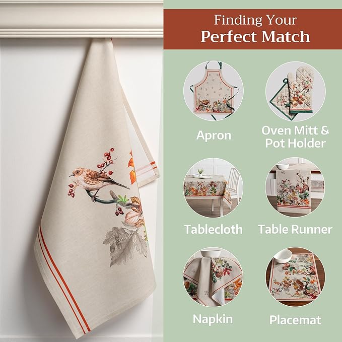 Maison d' Hermine Kitchen Towels Set of 3 100% Cotton 20" x 27.5" Reusable Cloth Tea Dish Towels Absorbent with Hanging Loop for Kitchen Dining Thanksgiving Christmas Decorations (Recolte)