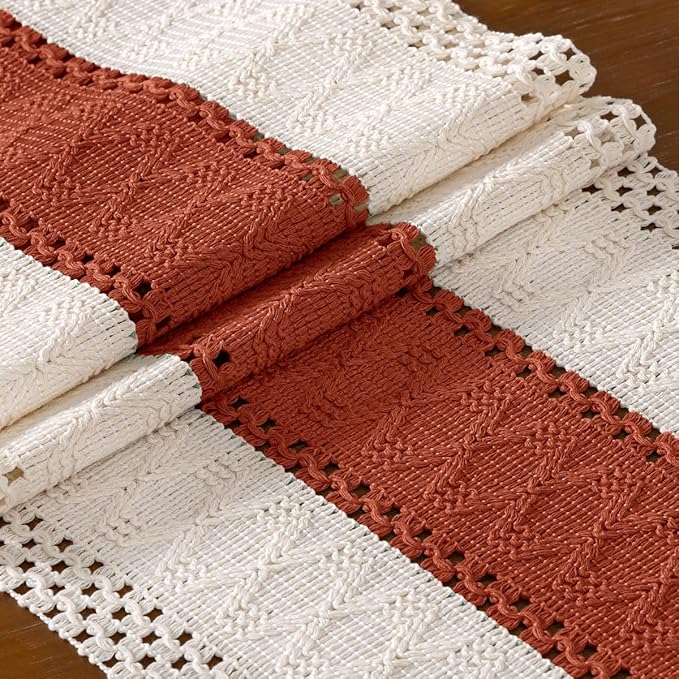 DeZerlor Boho Macrame Table Runner Terracotta Spring Easter Farmhouse Woven Table Runner with Tassels 72 Inches Ivory& Rust Cotton Linen Kitchen Table Decor for Dining Dresser Home Tea Table Decor
