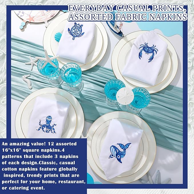 HunnmingRe 12 Pcs Nautical Cloth Napkins Bulks 100% Cotton Summer Blue Fabric Cocktail Napkins Tortoise Crab Octopus Whale Embroidered Handtowel Reusable Washable for Kitchen Weddings 17x17inch