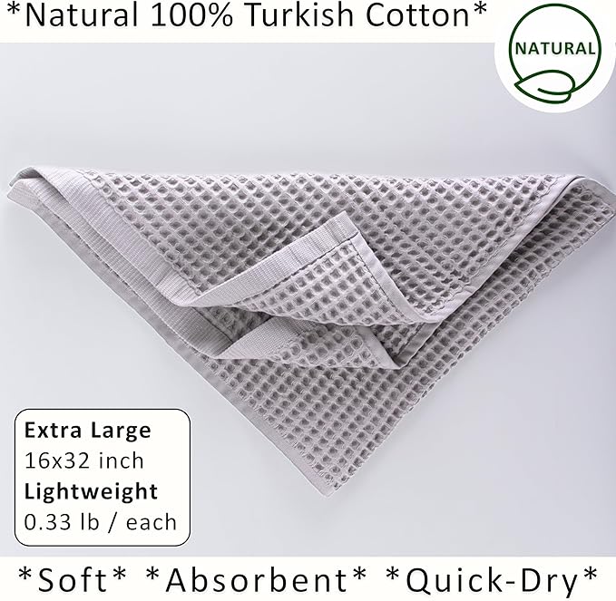 PÜSKÜL Natural 100% Turkish Cotton Waffle Kitchen Towels Set of 3 | Oeko-Tex, Premium Waffle Hand Towels for Bathroom | Soft Absorbent Quick-Dry Lint-Free Dish Towel Large 32x16 inch (3, Gray)