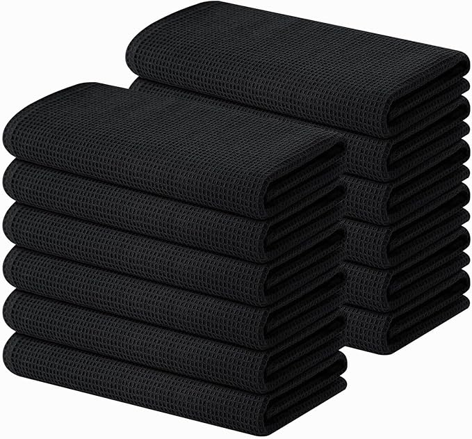 Homaxy 100% Cotton Waffle Weave Kitchen Towels - 12 Pack Soft and Absorbent Dish Towels - 16 x 26 Inches Quick Dry Hand Towels - Black