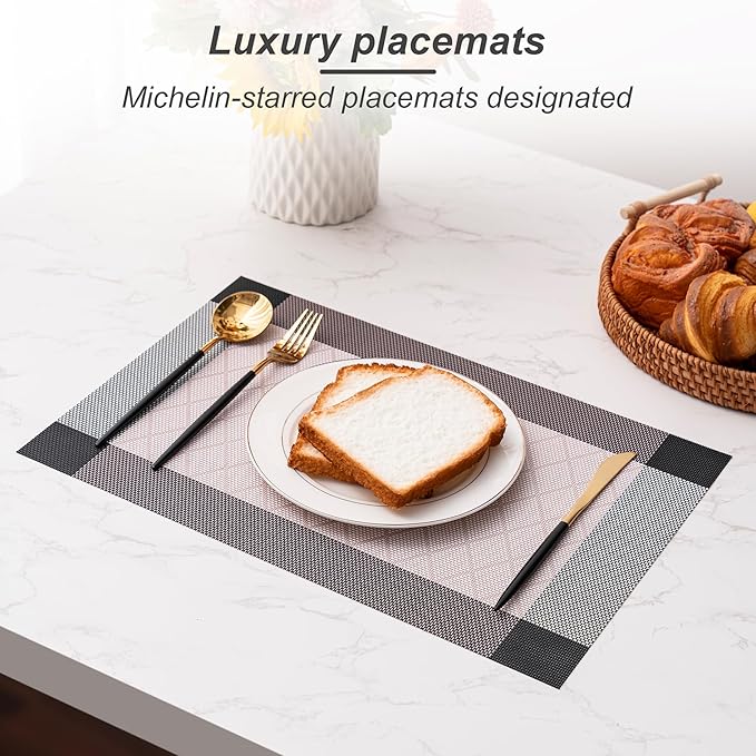 CADONO Placemats Set of 6 Washable Indoor/Outdoor Vinyl Place Mats for Dining Table Durable Non-Slip Heat Resistant PVC Weave Table Mats（Rhombus-Pink）