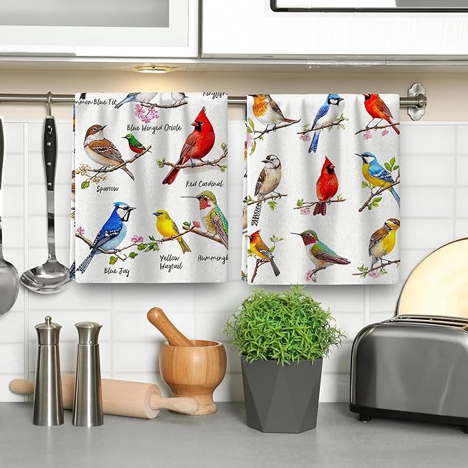 Birds on Branch Kitchen Towels Decorative Set of 4, Absorbent Cardinal Hummingbird Dish Towels for Cooking Baking, Bird Gifts for Bird Lovers Women, Hand & Tea Towel for Kitchen Bar Christmas Decor