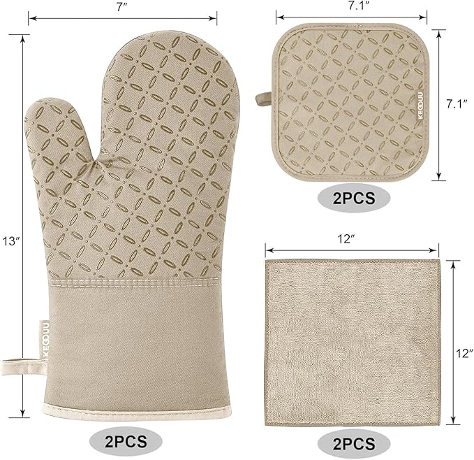 KEGOUU Oven Mitts and Pot Holders 6pcs Set, Kitchen Oven Glove High Heat Resistant 500 Degree Extra Long Oven Mitts and Potholder with Non-Slip Silicone Surface for Cooking (Almond)