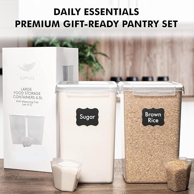 WHITE FEATHER SUPPLIES 2 PC [6.5L / 220 Oz] Large Food Storage Containers with Lids Airtight - BPA Free Clear Plastic Kitchen and Pantry Storage Containers, Bulk Storage for Cereal, Flour, Sugar, Rice